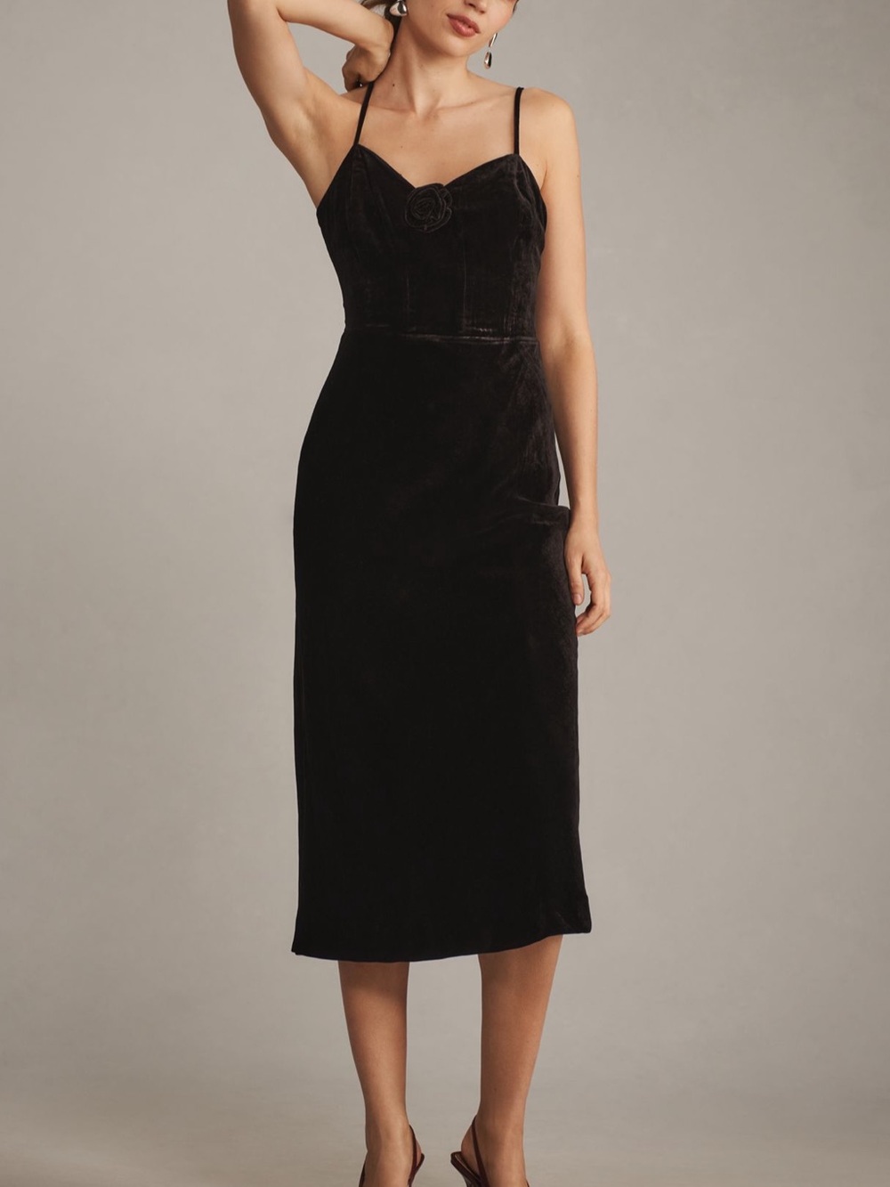 NWT Paige Black Velvet Slip Midi Dress with Rose Detail